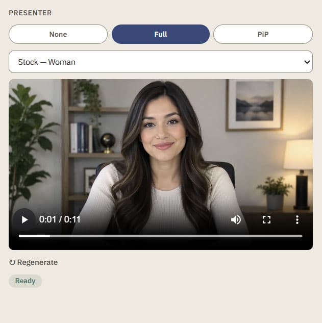 Presenter panel with "Full" selected, showing a stock presenter filling the frame