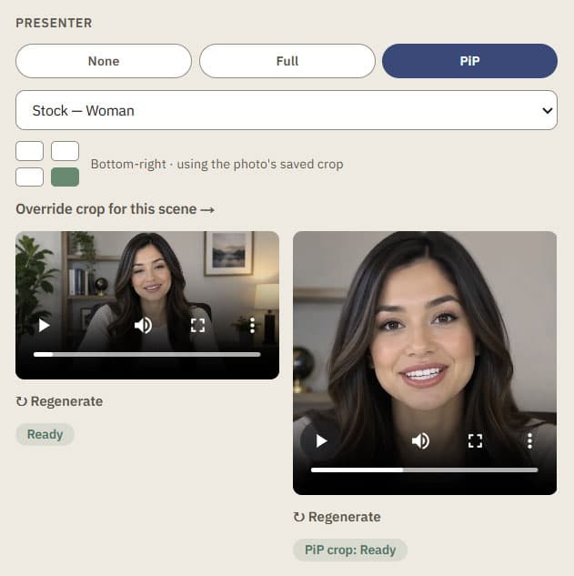 Presenter panel with "PiP" selected, showing the presenter as a corner overlay on the scene