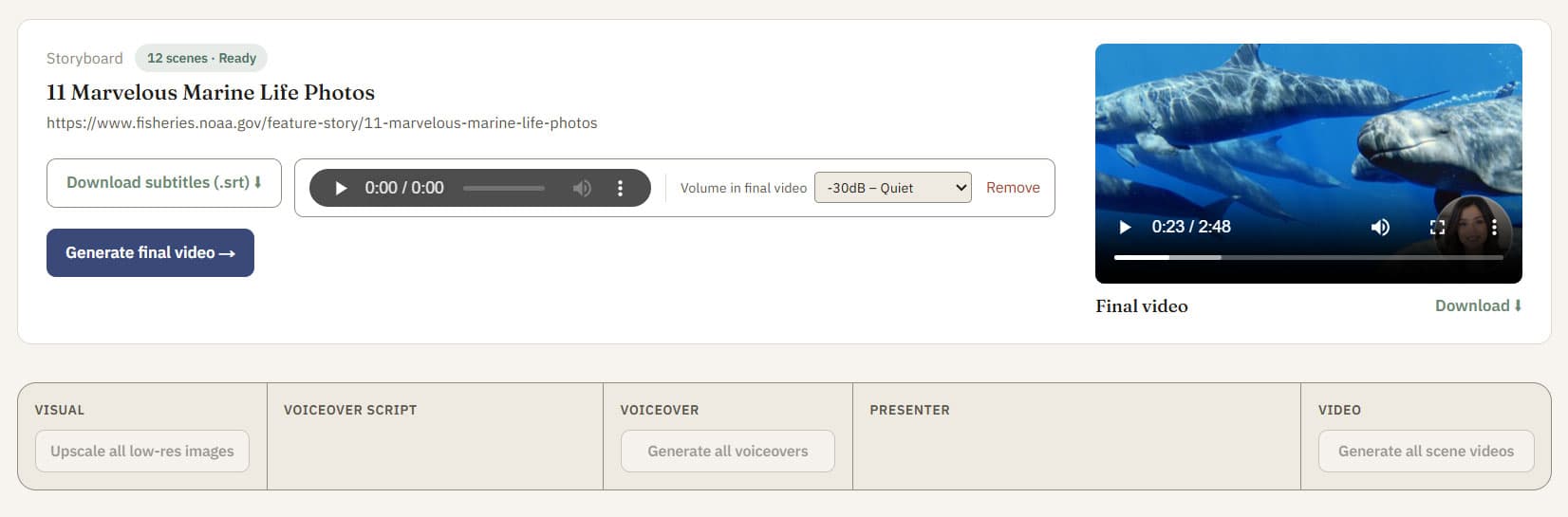 Storyboard-wide actions panel with buttons to upscale all images, generate all voiceovers, generate subtitles, add background audio, generate all scene videos, and generate the final video, next to a final video preview