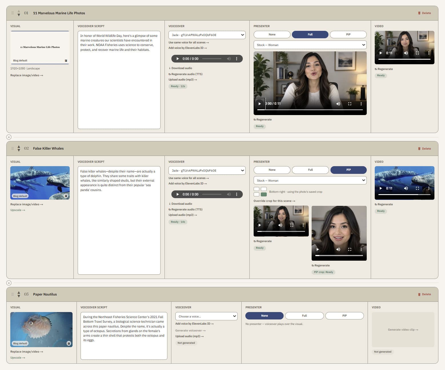 Storyboard view with three scene rows stacked, each showing its visual, voiceover script, voiceover, presenter, and video columns