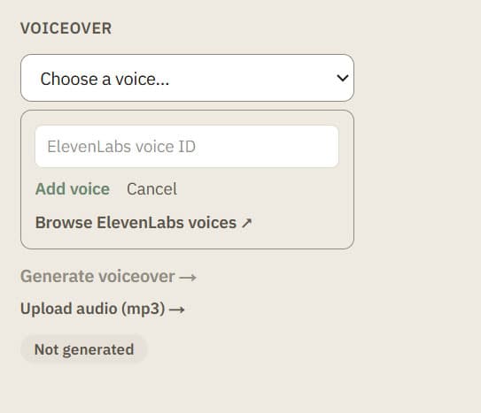 Voiceover panel with the voice dropdown closed and an Add voice by ElevenLabs ID field open