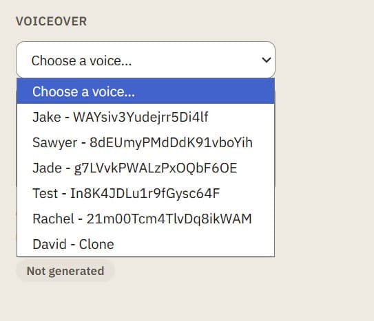 Voice dropdown open, listing stock and cloned voices